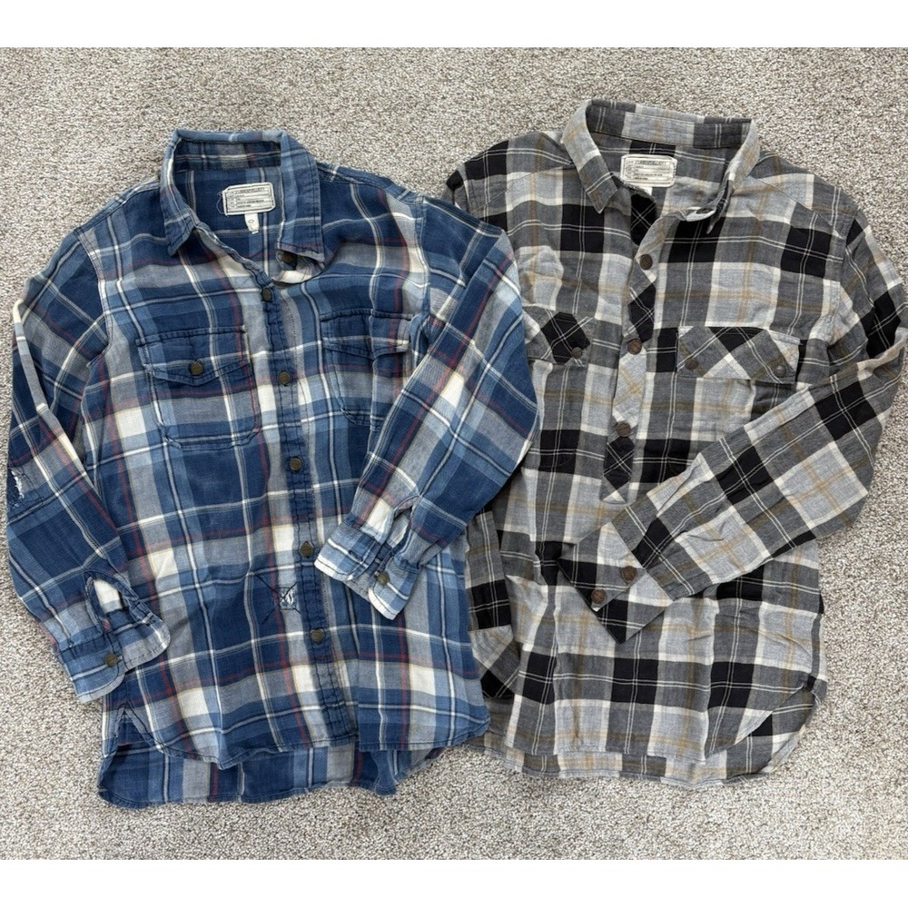 Current Elliott Shirts Lot of 2 Women's Small Blue Gray Flannel Plaid Sz 1 and 0